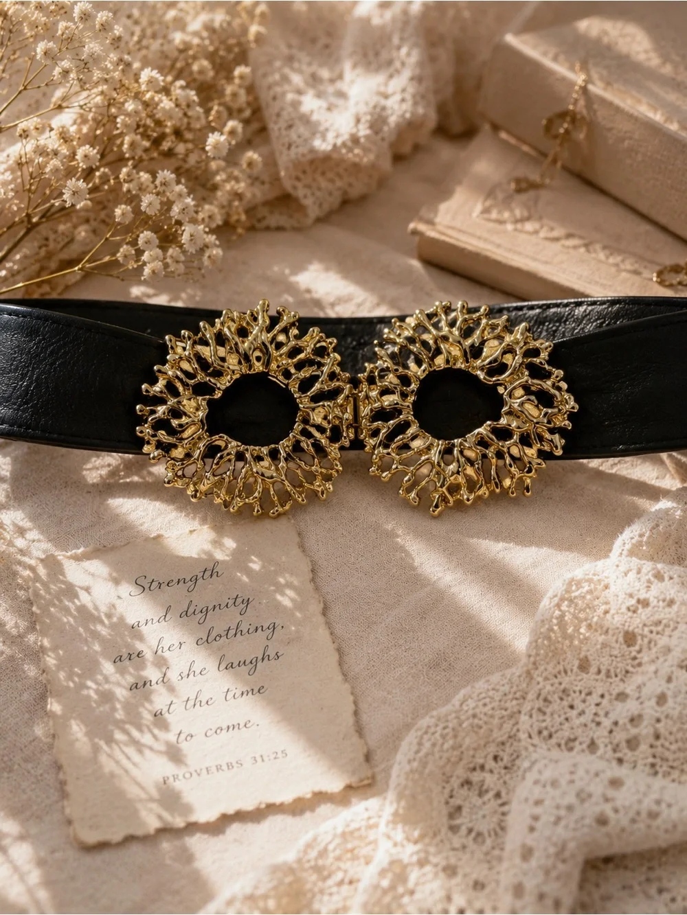 Vintage 1980s Wide Black Leather Cinch Belt Gold Filigree Interlocking Buckle